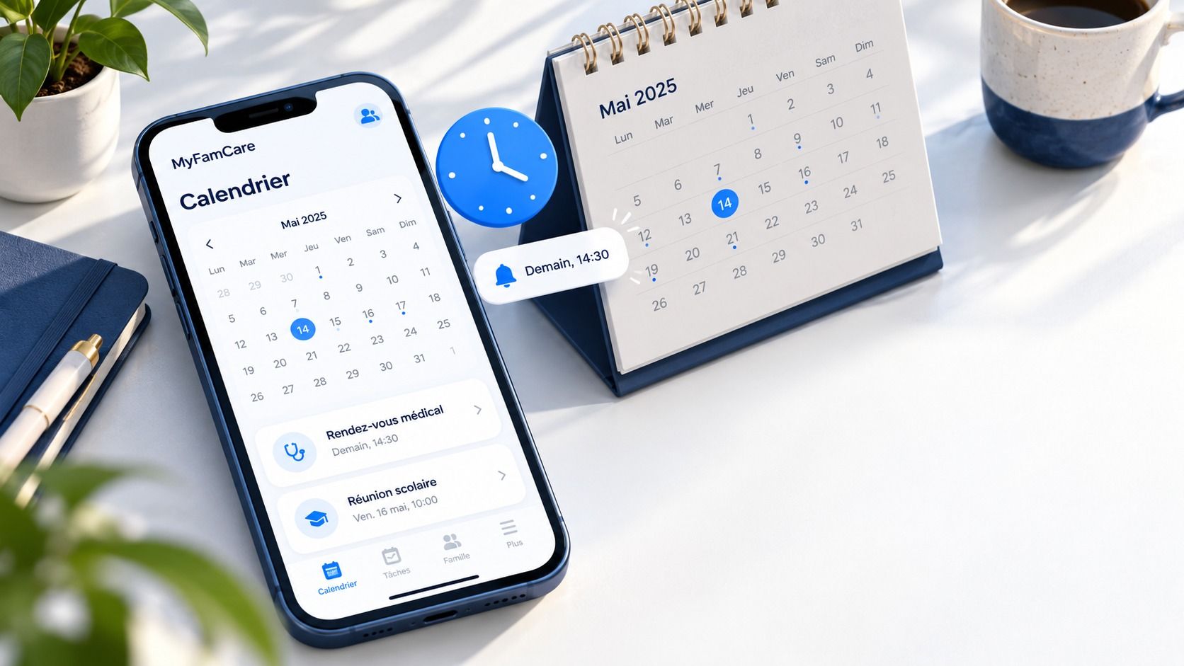 Calendrier familial avec un rendez-vous médical et une réunion scolaire