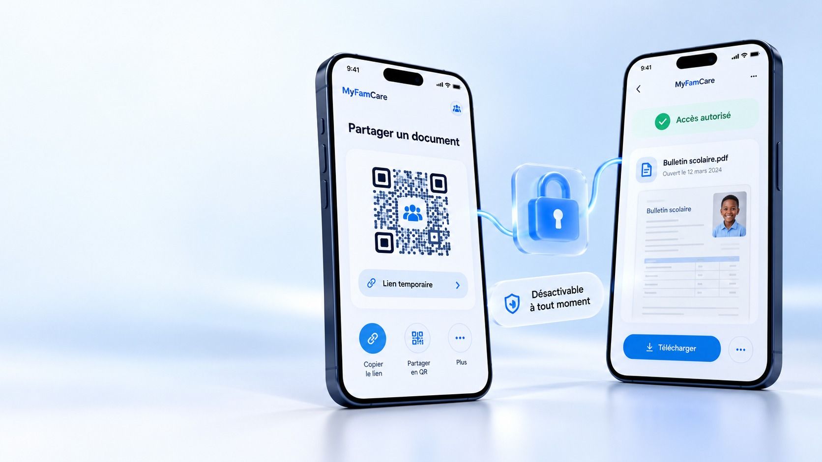 Partage d’un bulletin scolaire par QR code, avec accès autorisé et désactivable