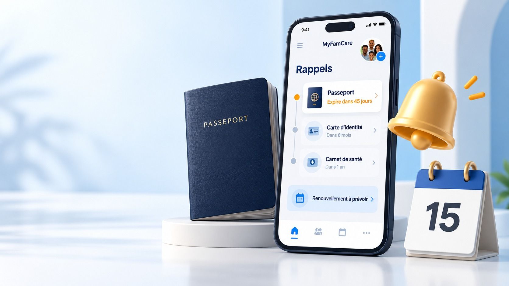 Écran des rappels : passeport qui expire dans 45 jours, carte d’identité et carnet de santé