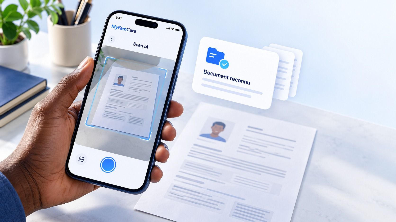 Une main tient un téléphone qui scanne un document, reconnu par MyFamCare